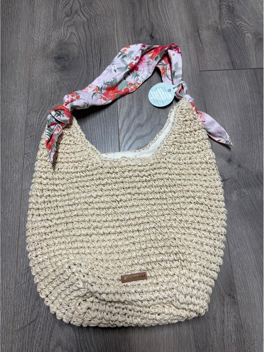 Spartina 449 woven shoulder bag with floral scarf handle